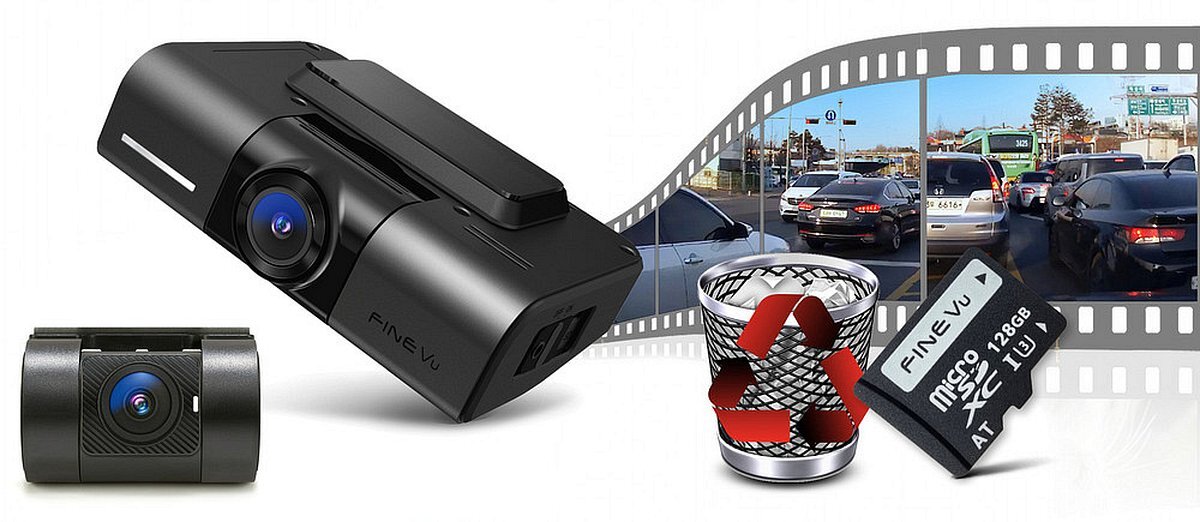 FINEVU GX4K Format Free w FINEVU GX4K równomierny i stabilny chroni przed ryzykiem utraty nagrań - Kamera samochodowa z kartą microSD oraz koszem na śmieci, symbolizującą automatyczne zarządzanie nagraniami