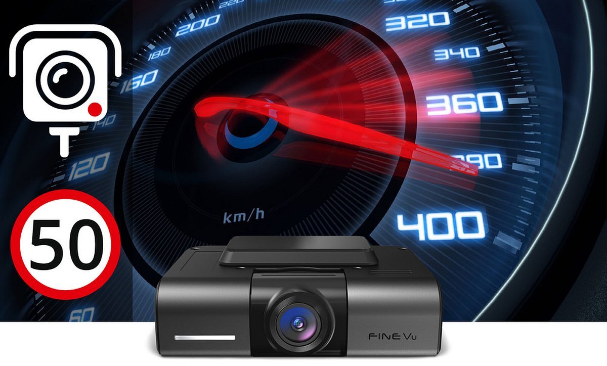 FINEVU GX4K FINEVU GX4K modułowi GPS fotoradarach fotoradaru bazie danych powiadomienie głosowe ograniczeniu prędkości stacjonarne fotoradary kamery kontrolujące przejazd na czerwonym świetle odcinkowego pomiaru średniej prędkości - Rejestrator jazdy przed tłem z prędkościomierzem, ikoną kamery i znakiem ograniczenia prędkości do 50 km/h
