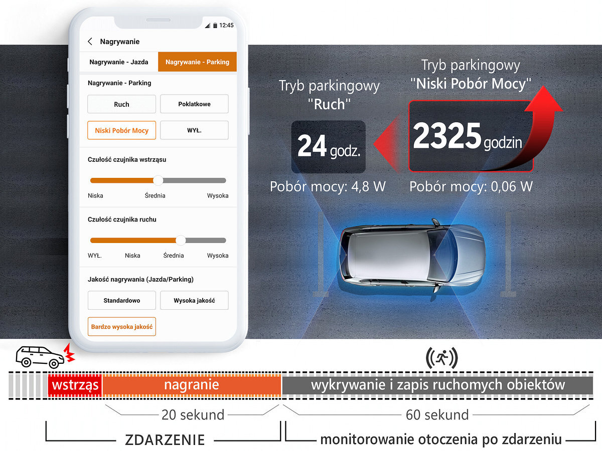FINEVU GX4K FINEVU GX4K Tryb Niski Pobór Mocy 0,06 W 3 miesięcy wykryciu wstrząsu - Ustawienia trybu parkingowego wideorejestratora na ekranie smartfona, porównanie zużycia energii oraz wykrywania ruchu przy samochodzie na parkingu
