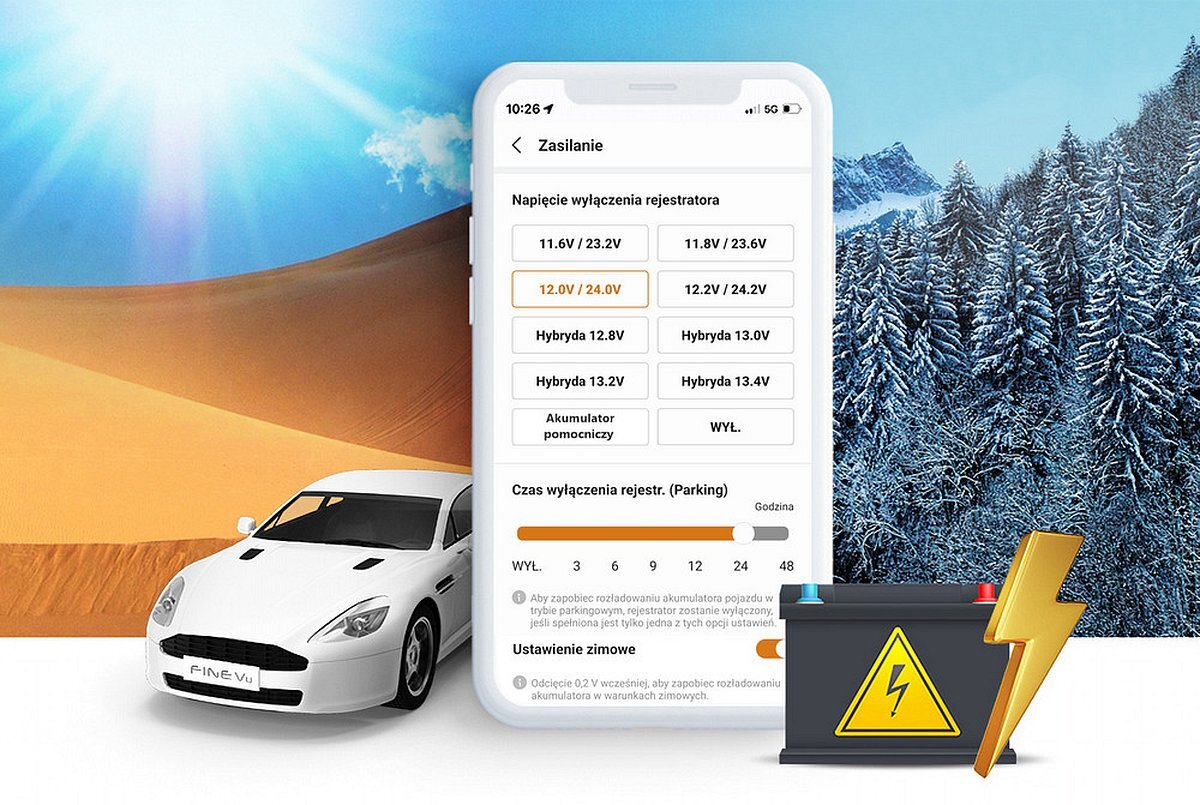 FINEVU GX4K FINEVU GX4K napięcie spadnie poniżej ustawionego progu 12V, 24V i hybrydowe (13V+) akumulatorem pomocniczym (powerbankiem) limit czasu działania trybu parkingowego wybrać opcję Niski Pobór Mocy - Menu ustawień zasilania wideorejestratora na ekranie telefonu, samochód na tle pustyni oraz zimowego lasu, akumulator z symbolem błyskawicy