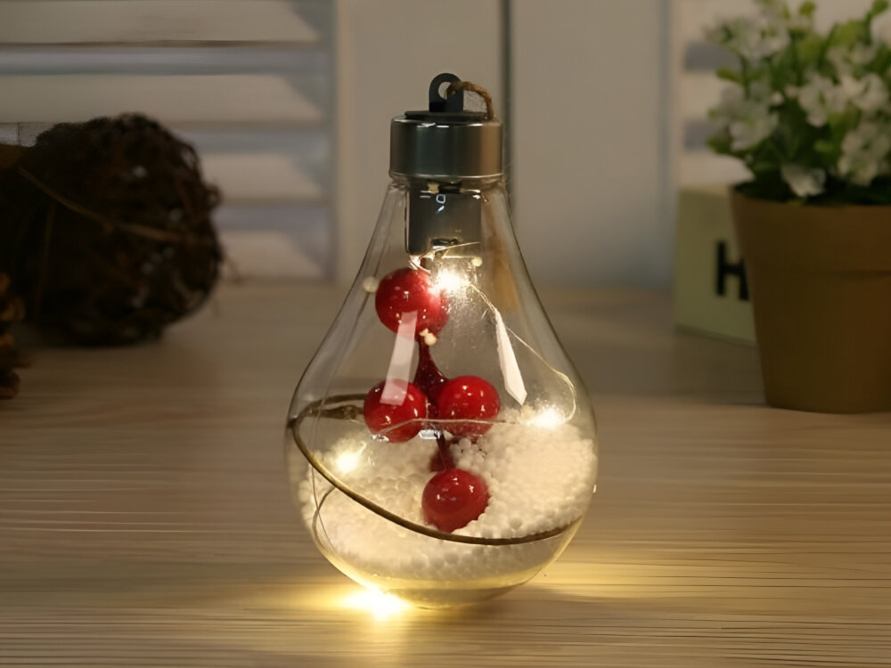 Lampka świąteczna BELINE Żarówka Model 1, dekoracja, kształt, ozdobne, rozświetlanie, lampka świąteczna stoi na blacie i świeci