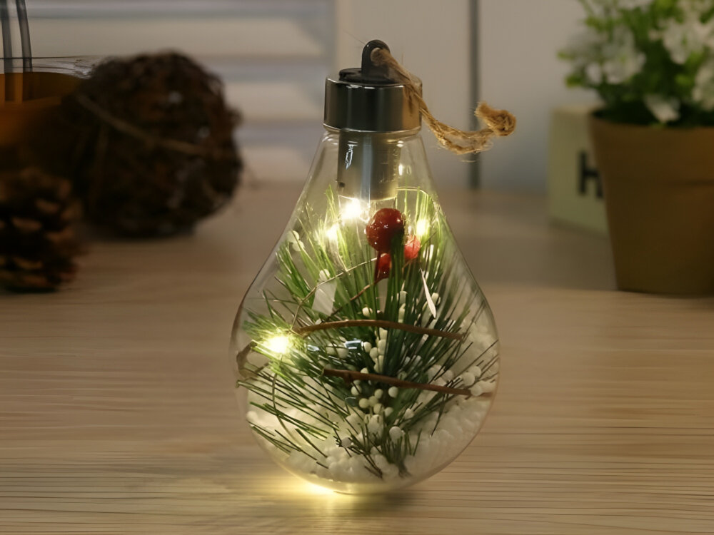 Lampka świąteczna BELINE Żarówka Model 2, dekoracja, kształt, ozdobne, rozświetlanie, lampka świąteczna stoi na blacie i świeci