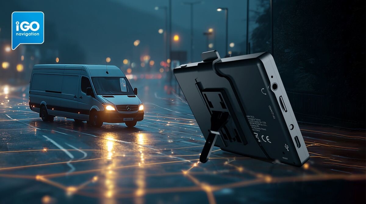 Obraz przedstawia urządzenie nawigacyjne z widocznymi portami i uchwytem, umieszczone na tle drogi z jadącym białym vanem. W lewym górnym rogu znajduje się logo \'iGO navigation\'.