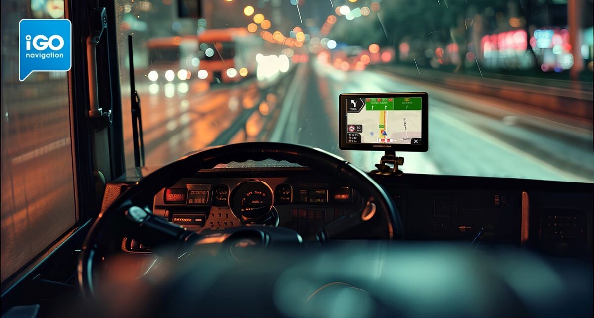 Widok z wnętrza pojazdu na drogę, z zamontowaną nawigacją pokazującą mapę i trasę. W lewym górnym rogu widoczne jest logo \'iGO navigation\'.