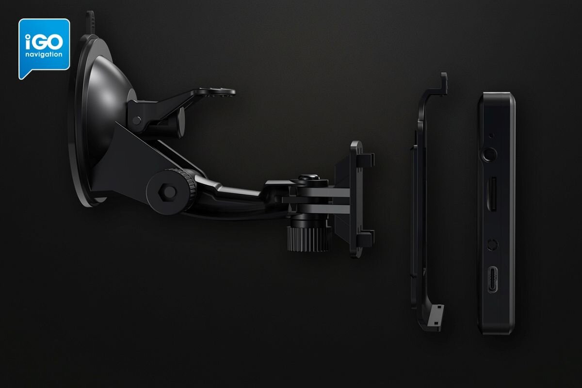 Obraz przedstawia czarny uchwyt samochodowy z przyssawką oraz urządzenie nawigacyjne w widoku bocznym. W lewym górnym rogu widoczne jest logo \'iGO navigation\'.