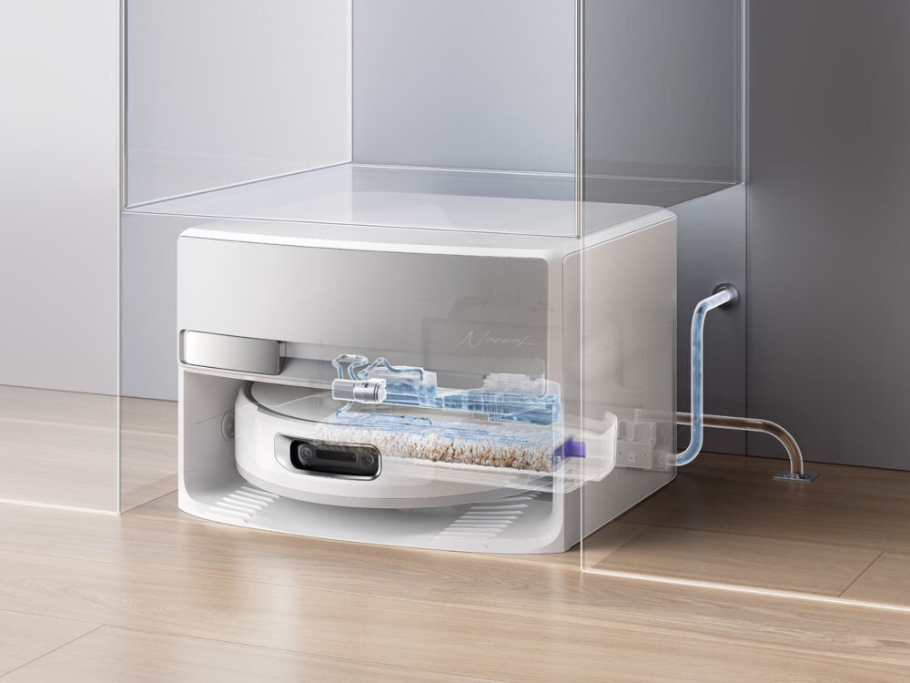 Robot sprzątający NARWAL Flow Station w eleganckim salonie