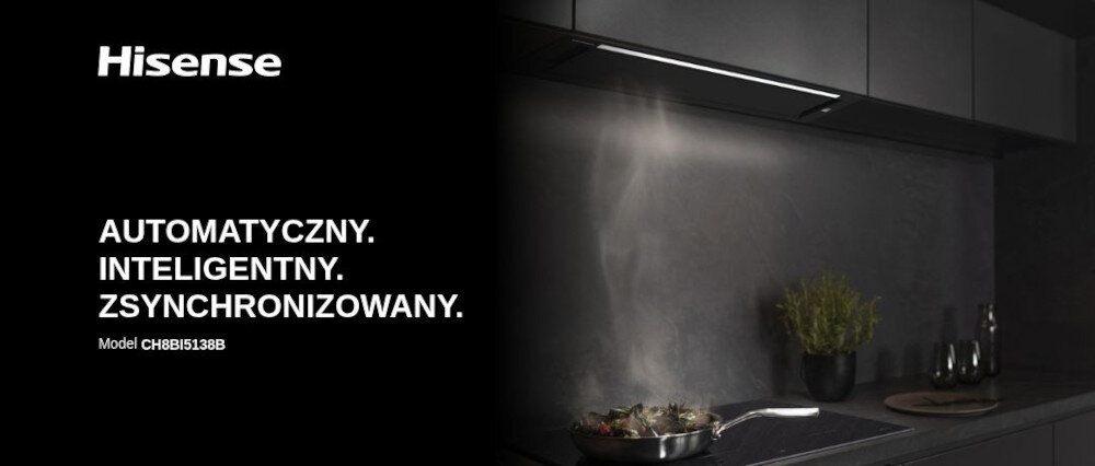 Po lewej stronie widoczne jest logo Hisense oraz tekst: \'AUTOMATYCZNY. INTELIGENTNY. ZSYNCHRONIZOWANY. Model CH8BI5138B\'. Po prawej stronie znajduje się kuchnia z włączonym okapem nad gotującą się potrawą.