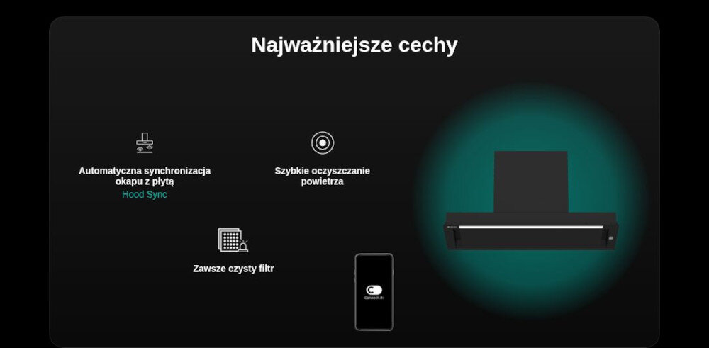 Grafika przedstawia najważniejsze cechy okapu: automatyczna synchronizacja okapu z płytą (Hood Sync), szybkie oczyszczanie powietrza oraz zawsze czysty filtr. Obok znajduje się obraz okapu na tle zielonego okręgu.