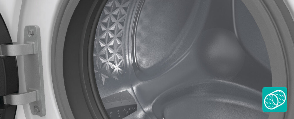 PRALKA GORENJE W1NGPI72SBS wizualizacja ikona bęben środek wnętrze konstrukcja bęben snowflake ochrona delikatne ubrania pranie unikalna struktura zmiękczanie włókien tkaniny łagodne traktowanie odzieży czyste świeże mniej zagnieceń łatwe prasowanie wygląd ubrań