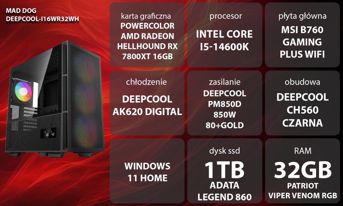 Komputer MAD DOG DEEPCOOL-I16WR32WH Grafika przedstawiająca specyfikację komputera, z podziałem na podzespoły. W lewej części znajduje się model komputera, a obok niego informacje o podzespołach, opis