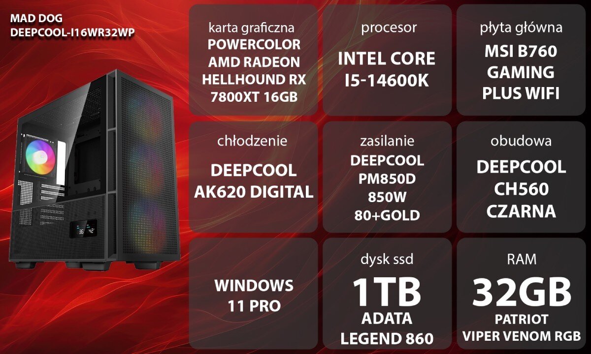 Komputer MAD DOG DEEPCOOL-I16WR32WP Grafika przedstawiająca specyfikację komputera, z podziałem na podzespoły. W lewej części znajduje się model komputera, a obok niego informacje o podzespołach, opis