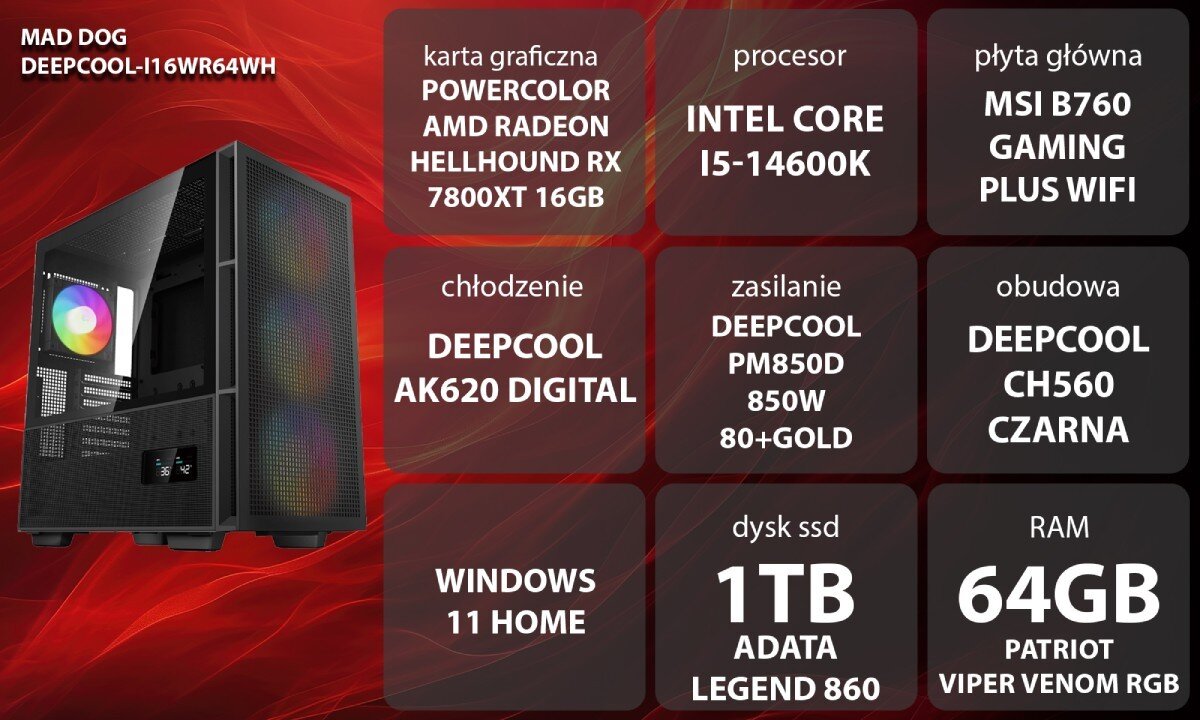 Komputer MAD DOG DEEPCOOL-I16WR64WH Grafika przedstawiająca specyfikację komputera, z podziałem na podzespoły. W lewej części znajduje się model komputera, a obok niego informacje o podzespołach, opis