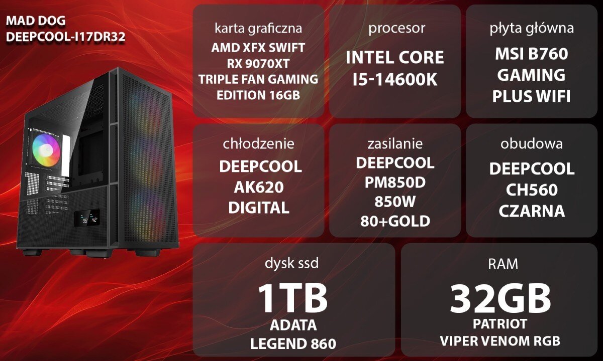 Komputer MAD DOG DEEPCOOL-I17DR32 Grafika przedstawiająca specyfikację komputera, z podziałem na podzespoły. W lewej części znajduje się model komputera, a obok niego informacje o podzespołach, opis