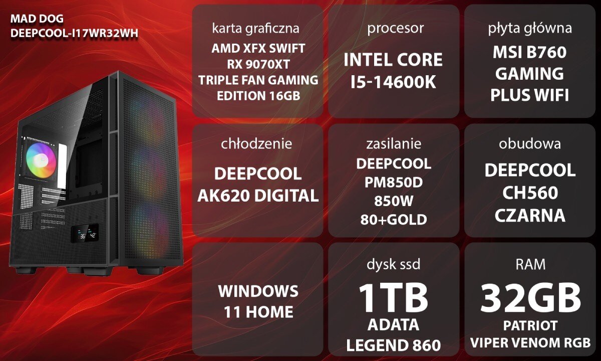 Komputer MAD DOG DEEPCOOL-I17WR32WH Grafika przedstawiająca specyfikację komputera, z podziałem na podzespoły. W lewej części znajduje się model komputera, a obok niego informacje o podzespołach, opis