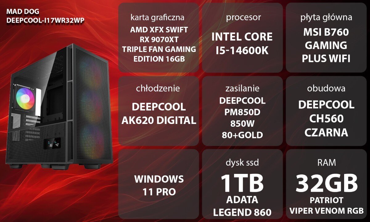 Komputer MAD DOG DEEPCOOL-I17WR32WP Grafika przedstawiająca specyfikację komputera, z podziałem na podzespoły. W lewej części znajduje się model komputera, a obok niego informacje o podzespołach, opis
