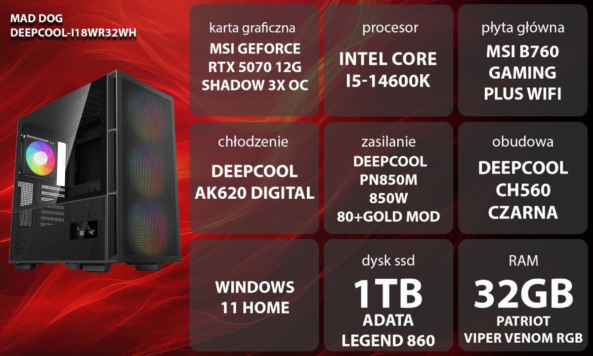 Komputer MAD DOG DEEPCOOL-I18WR32WH Grafika przedstawiająca specyfikację komputera, z podziałem na podzespoły. W lewej części znajduje się model komputera, a obok niego informacje o podzespołach, opis