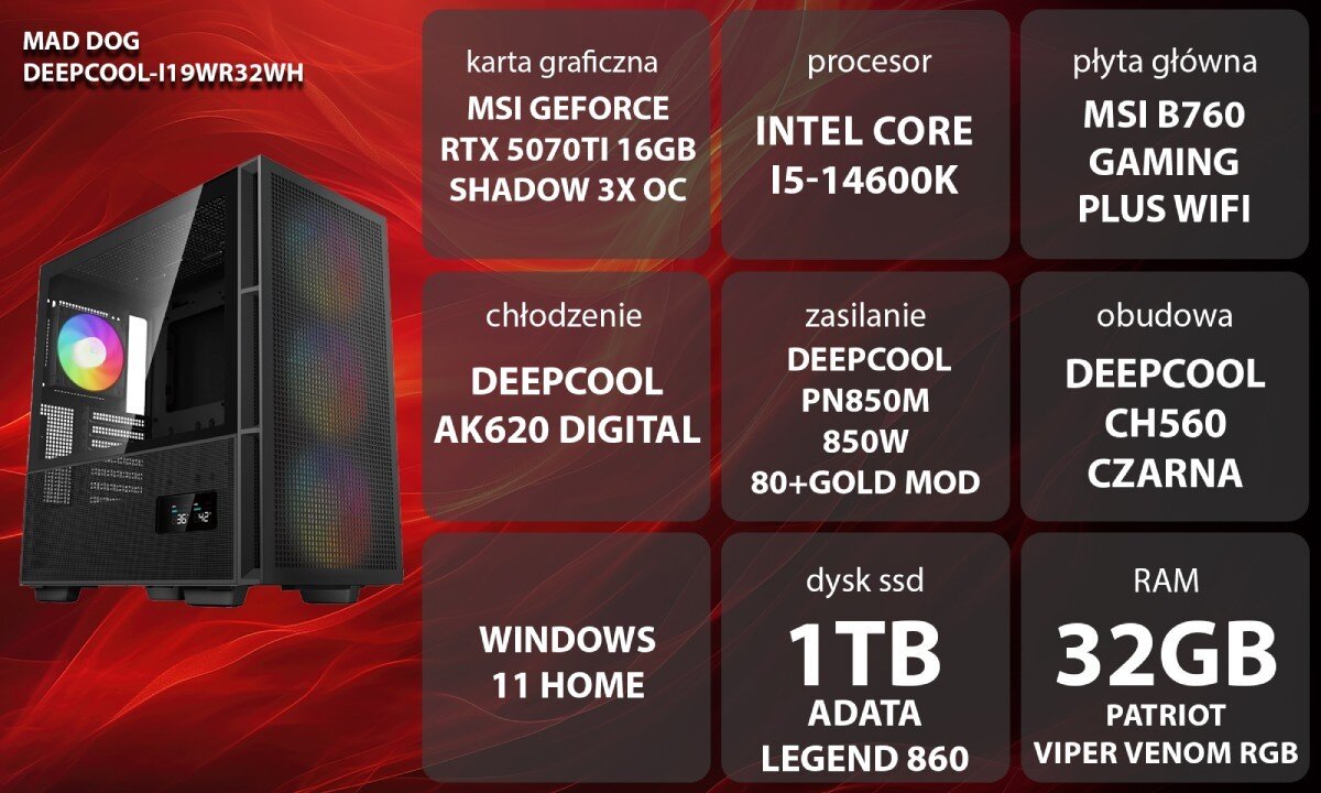 Komputer MAD DOG DEEPCOOL-I19WR32WH Grafika przedstawiająca specyfikację komputera, z podziałem na podzespoły. W lewej części znajduje się model komputera, a obok niego informacje o podzespołach, opis