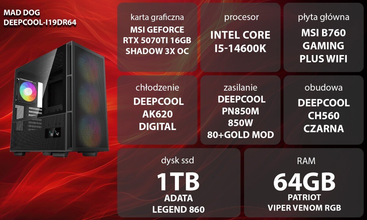 Komputer MAD DOG DEEPCOOL-I19DR64 Grafika przedstawiająca specyfikację komputera, z podziałem na podzespoły. W lewej części znajduje się model komputera, a obok niego informacje o podzespołach, opis