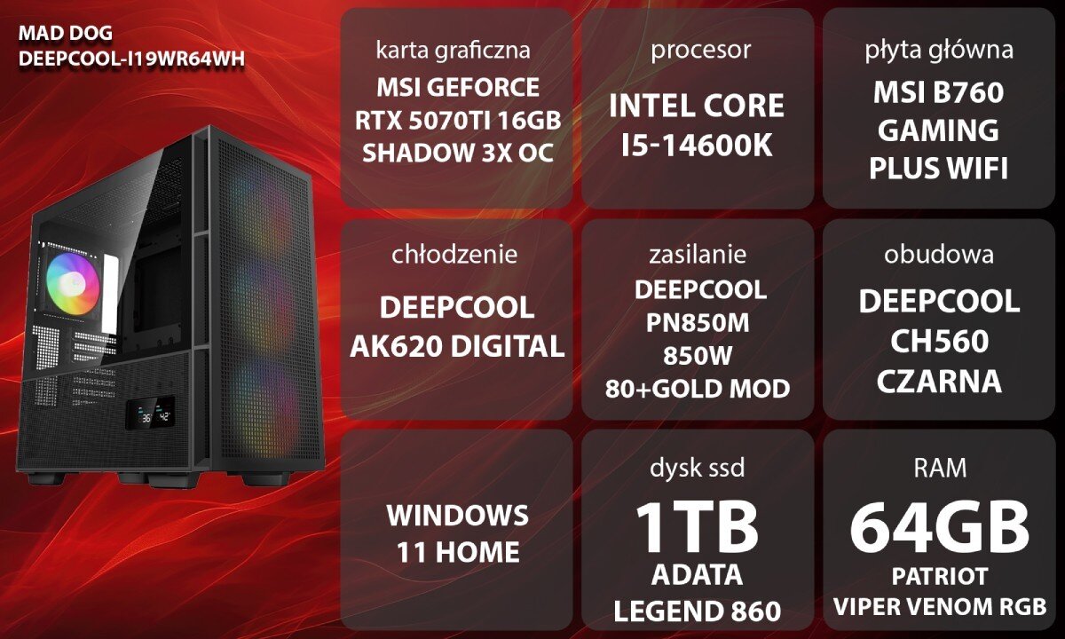 Komputer MAD DOG DEEPCOOL-I19WR64WH Grafika przedstawiająca specyfikację komputera, z podziałem na podzespoły. W lewej części znajduje się model komputera, a obok niego informacje o podzespołach, opis