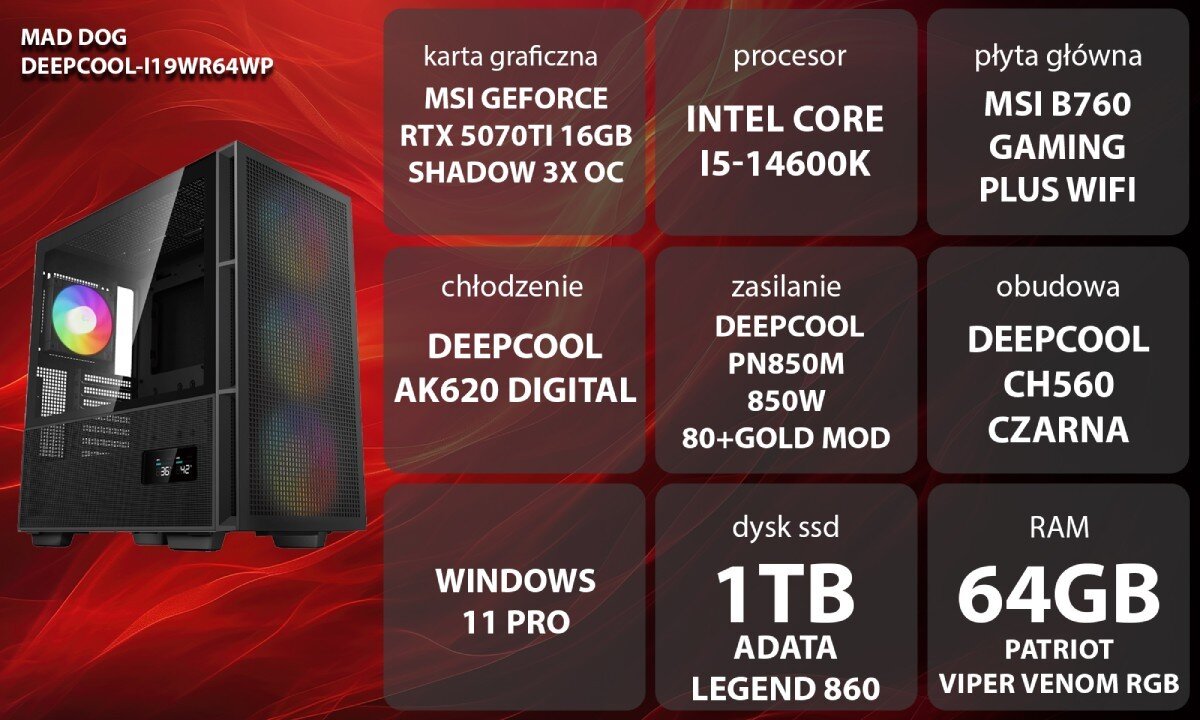 Komputer MAD DOG DEEPCOOL-I19WR64WP Grafika przedstawiająca specyfikację komputera, z podziałem na podzespoły. W lewej części znajduje się model komputera, a obok niego informacje o podzespołach, opis