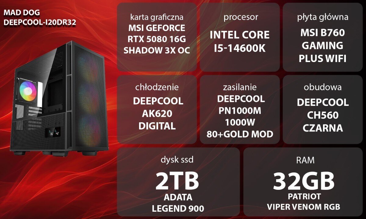 Komputer MAD DOG DEEPCOOL-I20DR32 Grafika przedstawiająca specyfikację komputera, z podziałem na podzespoły. W lewej części znajduje się model komputera, a obok niego informacje o podzespołach, opis