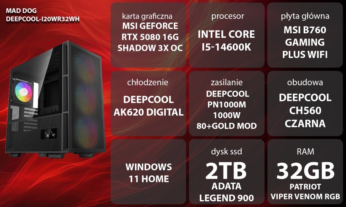 Komputer MAD DOG DEEPCOOL-I20WR32WH Grafika przedstawiająca specyfikację komputera, z podziałem na podzespoły. W lewej części znajduje się model komputera, a obok niego informacje o podzespołach, opis