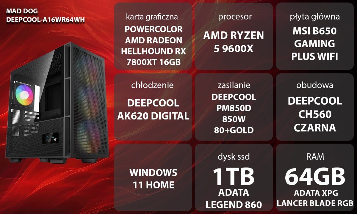 Komputer MAD DOG DEEPCOOL-A16WR64WH Grafika przedstawiająca specyfikację komputera, z podziałem na podzespoły. W lewej części znajduje się model komputera, a obok niego informacje o podzespołach, opis