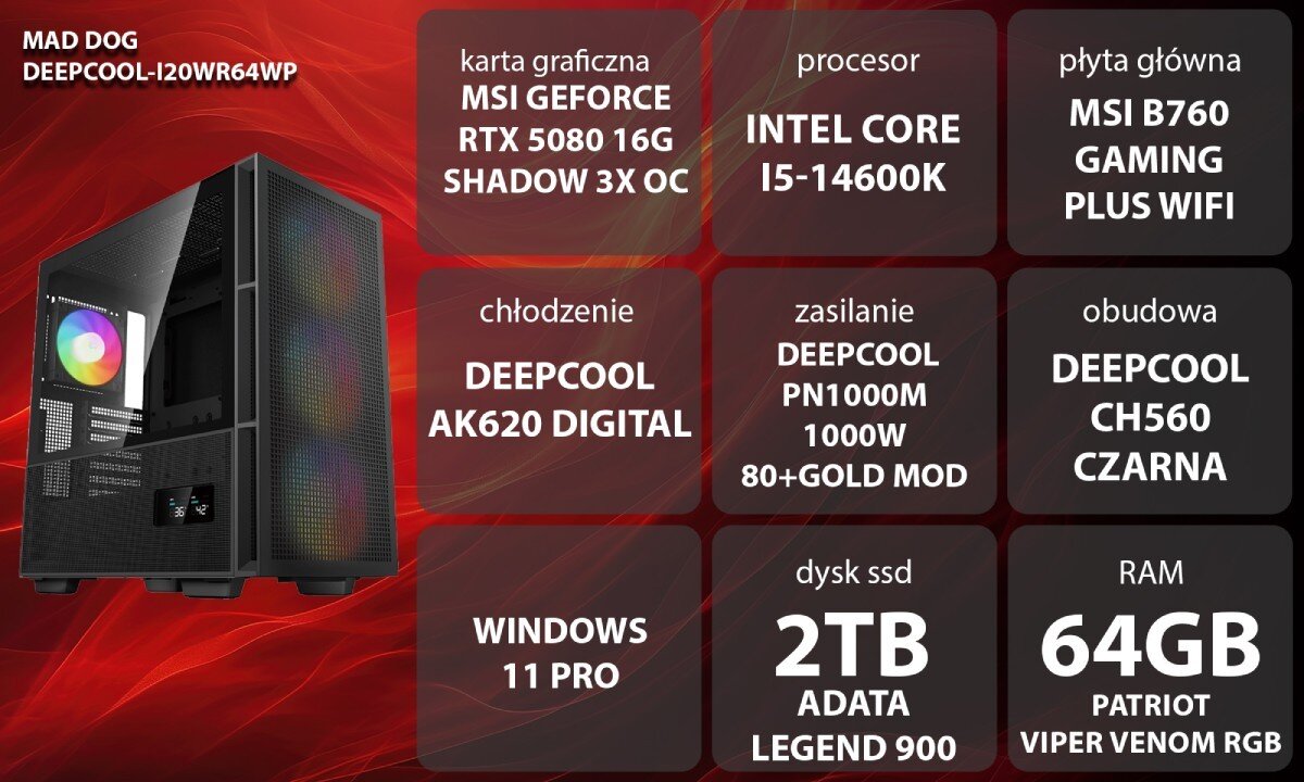 Komputer MAD DOG DEEPCOOL-I20WR64WP Grafika przedstawiająca specyfikację komputera, z podziałem na podzespoły. W lewej części znajduje się model komputera, a obok niego informacje o podzespołach, opis