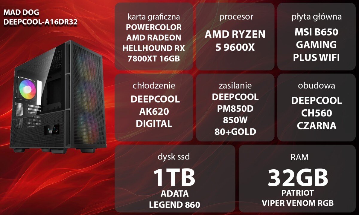 Komputer MAD DOG DEEPCOOL-A16DR32 Grafika przedstawiająca specyfikację komputera, z podziałem na podzespoły. W lewej części znajduje się model komputera, a obok niego informacje o podzespołach, opis