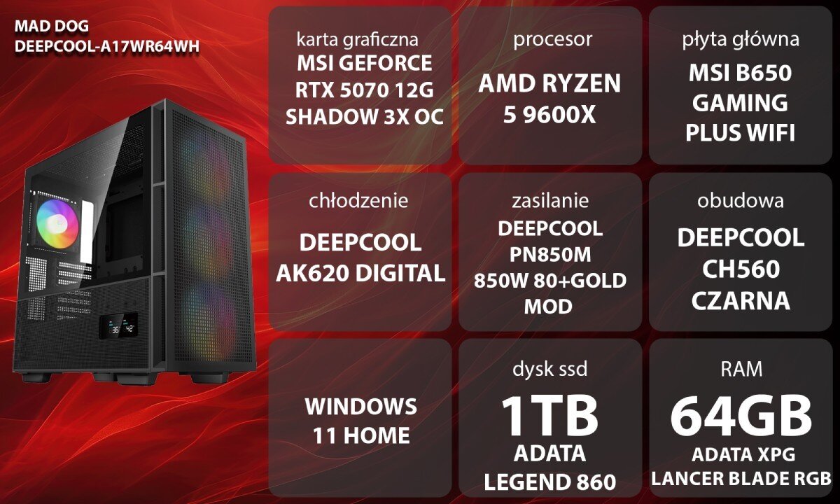 Komputer MAD DOG DEEPCOOL-A17WR64WH Grafika przedstawiająca specyfikację komputera, z podziałem na podzespoły. W lewej części znajduje się model komputera, a obok niego informacje o podzespołach, opis