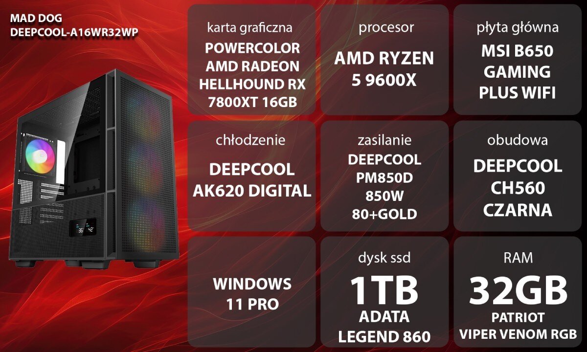 Komputer MAD DOG DEEPCOOL-A16WR32WP Grafika przedstawiająca specyfikację komputera, z podziałem na podzespoły. W lewej części znajduje się model komputera, a obok niego informacje o podzespołach, opis