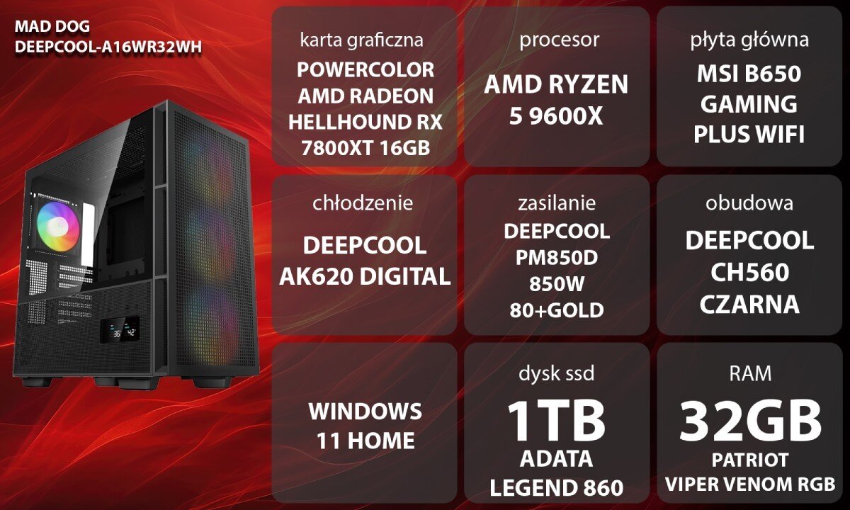 Komputer MAD DOG DEEPCOOL-A16WR32WH Grafika przedstawiająca specyfikację komputera, z podziałem na podzespoły. W lewej części znajduje się model komputera, a obok niego informacje o podzespołach, opis
