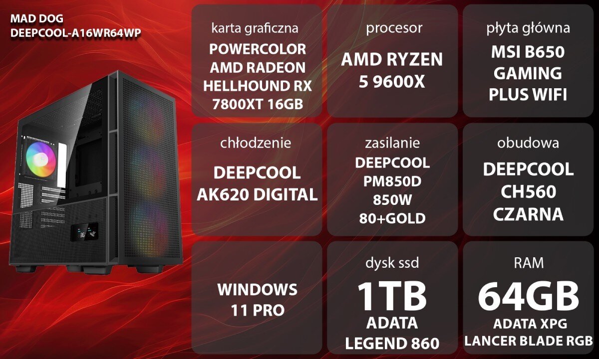 Komputer MAD DOG DEEPCOOL-A16WR64WP Grafika przedstawiająca specyfikację komputera, z podziałem na podzespoły. W lewej części znajduje się model komputera, a obok niego informacje o podzespołach, opis