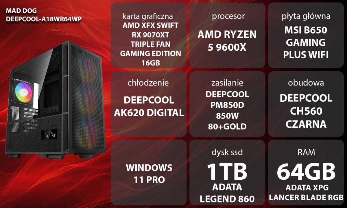 Komputer MAD DOG DEEPCOOL-A18WR64WP Grafika przedstawiająca specyfikację komputera, z podziałem na podzespoły. W lewej części znajduje się model komputera, a obok niego informacje o podzespołach, opis
