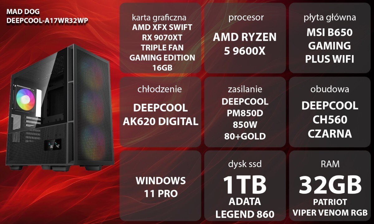 Komputer MAD DOG DEEPCOOL-A17WR32WP Grafika przedstawiająca specyfikację komputera, z podziałem na podzespoły. W lewej części znajduje się model komputera, a obok niego informacje o podzespołach, opis