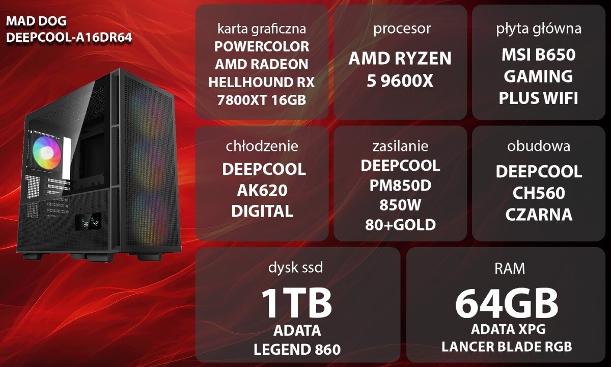 Komputer MAD DOG DEEPCOOL-A16DR64 Grafika przedstawiająca specyfikację komputera, z podziałem na podzespoły. W lewej części znajduje się model komputera, a obok niego informacje o podzespołach, opis