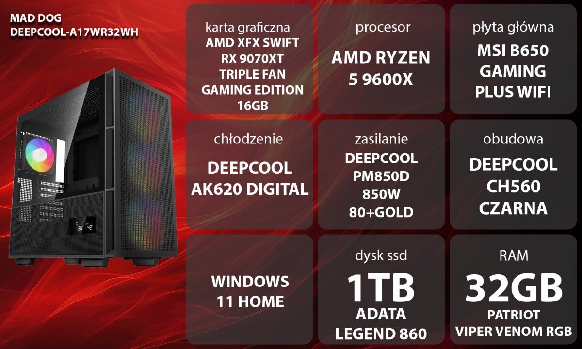 Komputer MAD DOG DEEPCOOL-A17WR32WH Grafika przedstawiająca specyfikację komputera, z podziałem na podzespoły. W lewej części znajduje się model komputera, a obok niego informacje o podzespołach, opis