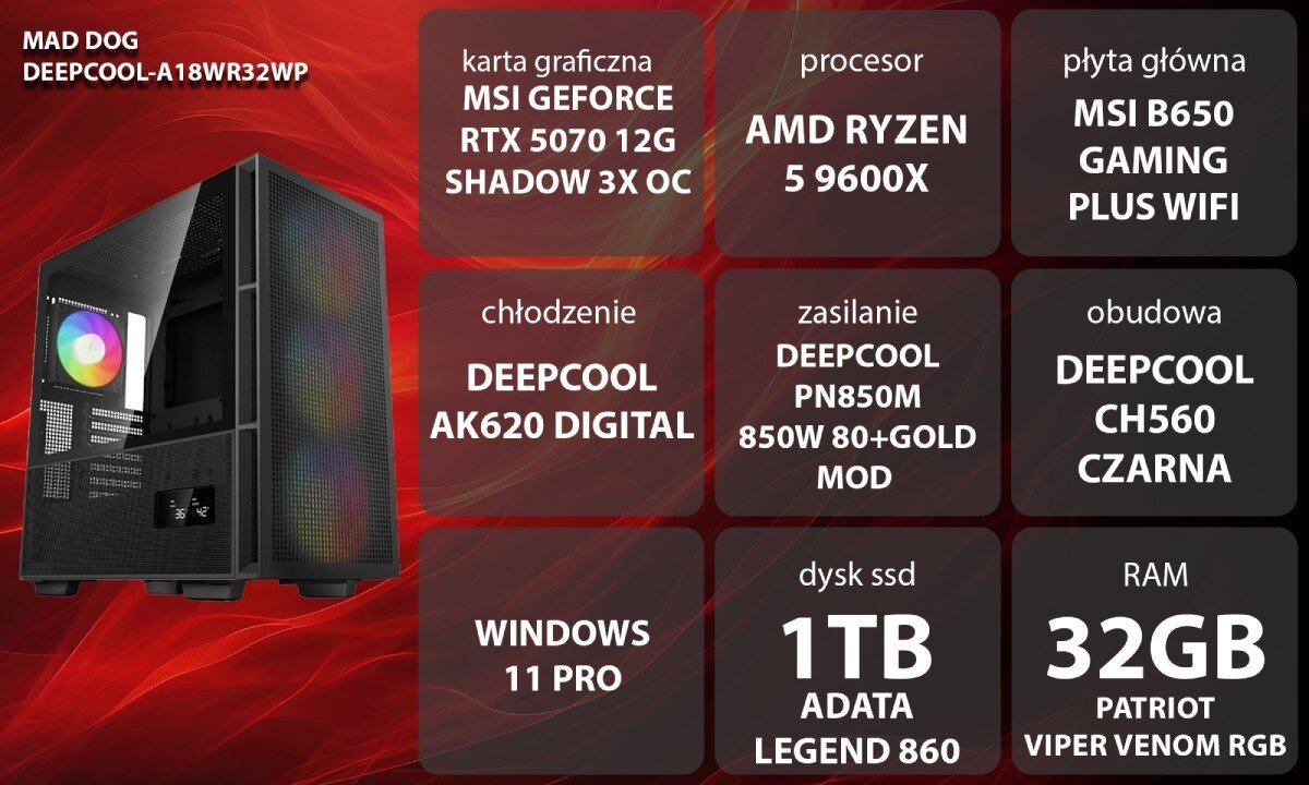 Komputer MAD DOG DEEPCOOL-A18WR32WP Grafika przedstawiająca specyfikację komputera, z podziałem na podzespoły. W lewej części znajduje się model komputera, a obok niego informacje o podzespołach, opis