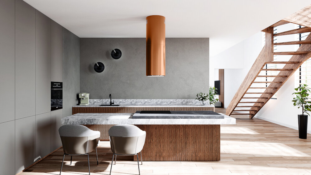 Okap GLOBALO Heweno Isola 39.2 Miedziany mat Na zdjęciu widoczny jest Miedziany mat okap kuchenny o cylindrycznym kształcie, zawieszony centralnie nad wyspą, w eleganckim i jasnym wnętrzu z widocznymi schodami, telewizorem i obrazami na ścianie. Całość podkreśla luksusowy charakter kuchni oraz minimalistyczny design