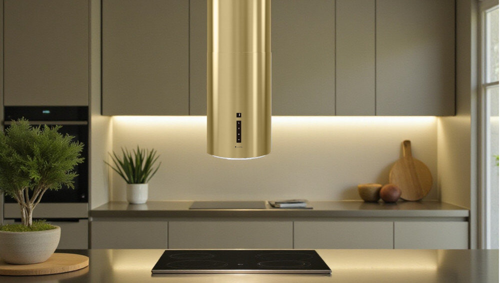 Okap GLOBALO Heweno Isola 39.2 Złoty mat Zdjęcie przedstawia zbliżenie na dolną część cylindrycznego, złotego okapu kuchennego marki GLOBALO, z wyraźnie widocznym, okrągłym panelem LED odpowiadającym za równomierne, jasne oświetlenie powierzchni roboczej. Widoczny jest minimalistyczny design oraz dotykowy panel sterowania filtr aluminiowy pochłanianie tłuszczu okap filtr tłuszczowy tryb pochłaniacza filtry węglowe eliminacja zapachów oczyszczanie powietrza kuchnia świeże powietrze