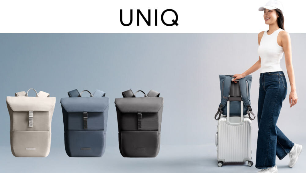 Plecak UNIQ Arden RPET 18L Beżowy, styl, wygoda, ekologia, pojemność, kobieta z plecakiem, napis UNIQ na środku, obok różne kolory plecaka UNIQ