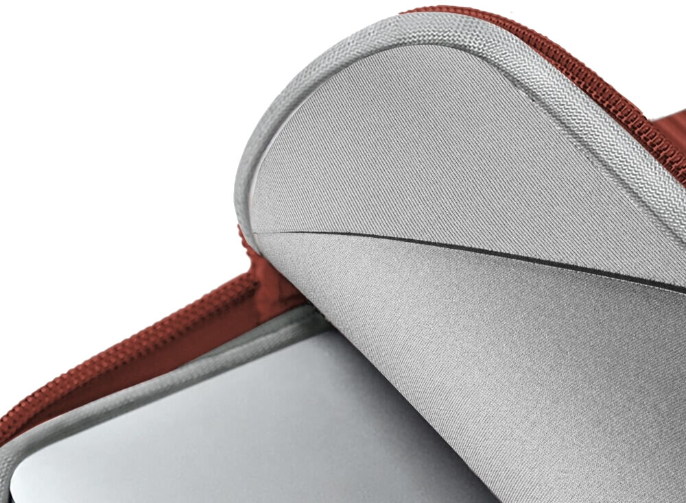 Torba na laptopa UNIQ Cyprus Ridge Edition 14 cali Czerwony, smukła, komfort, bezpieczeństwo, zamek, zbliżenie na wewnętrzną warstwę materiałów torby na laptopa