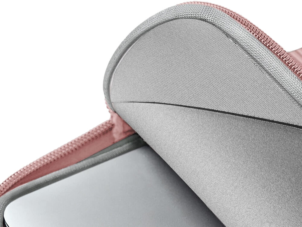 Torba na laptopa UNIQ Cyprus Ridge Edition 14 cali Różowy, smukła, komfort, bezpieczeństwo, zamek, zbliżenie na wewnętrzną warstwę materiałów torby na laptopa