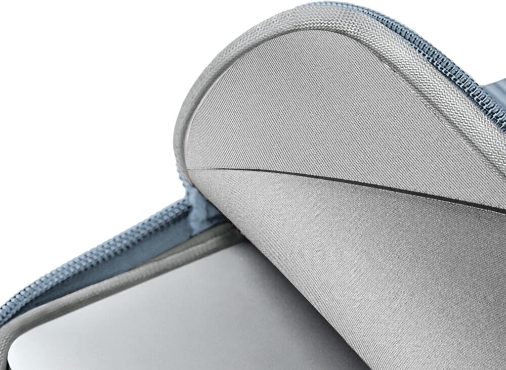 Torba na laptopa UNIQ Cyprus Ridge Edition 16 cali Niebieski, smukła, komfort, bezpieczeństwo, zamek, zbliżenie na wewnętrzną warstwę materiałów torby na laptopa
