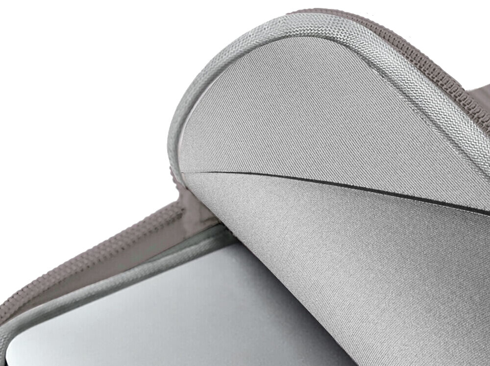 Torba na laptopa UNIQ Cyprus Ridge Edition 16 cali Szary, smukła, komfort, bezpieczeństwo, zamek, zbliżenie na wewnętrzną warstwę materiałów torby na laptopa