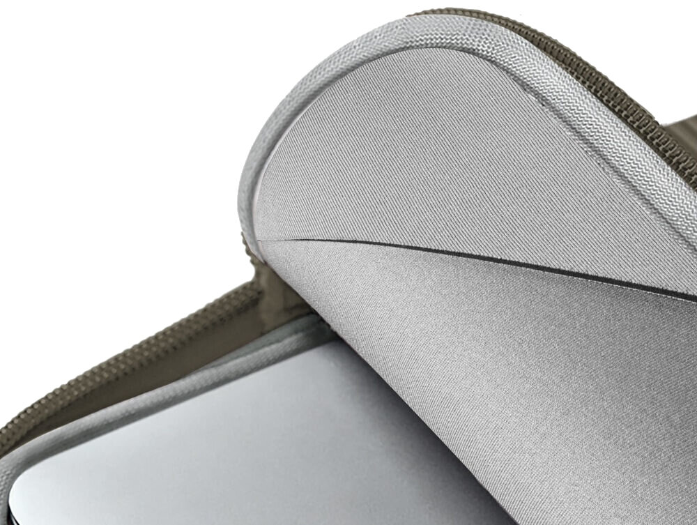 Torba na laptopa UNIQ Cyprus Ridge Edition 14 cali Zielony, smukła, komfort, bezpieczeństwo, zamek, zbliżenie na wewnętrzną warstwę materiałów torby na laptopa