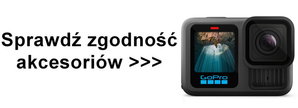 Obraz przedstawia kamerę sportową z wyświetlaczem pokazującym podwodną scenę. Obok znajduje się tekst: \'Sprawdź zgodność akcesoriów >>>\'.