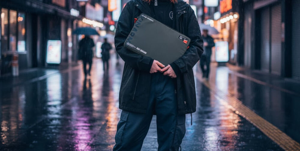 Torba na laptopa SKINARMA Fardel 14 cali Oliwkowy etui trzymane przez osobę w tle deszczowy miejski klimat