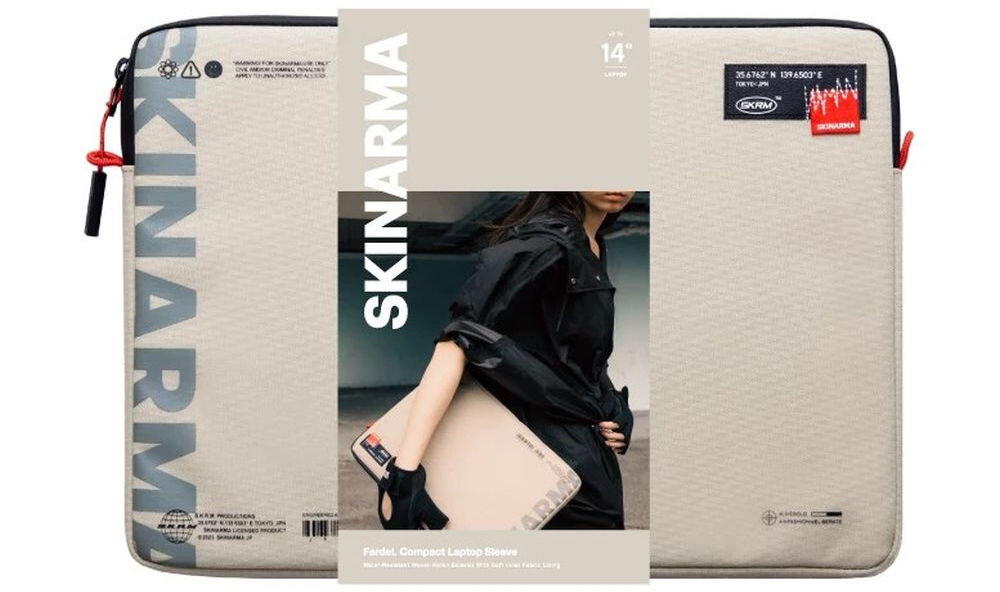 Torba na laptopa SKINARMA Fardel 14 cali Kość słoniowa prezentacja etui na białym tle z opakowaniem wodoodporna powłoka i miękkie wnętrze ochrona do 14 cali