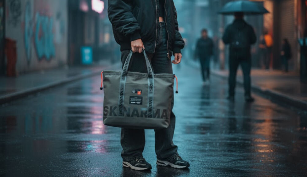 Torba SKINARMA Fardel Oliwkowy prezentacja torby trzymanej w dłoni przez osobę na tle deszczowego miejskiego klimatu